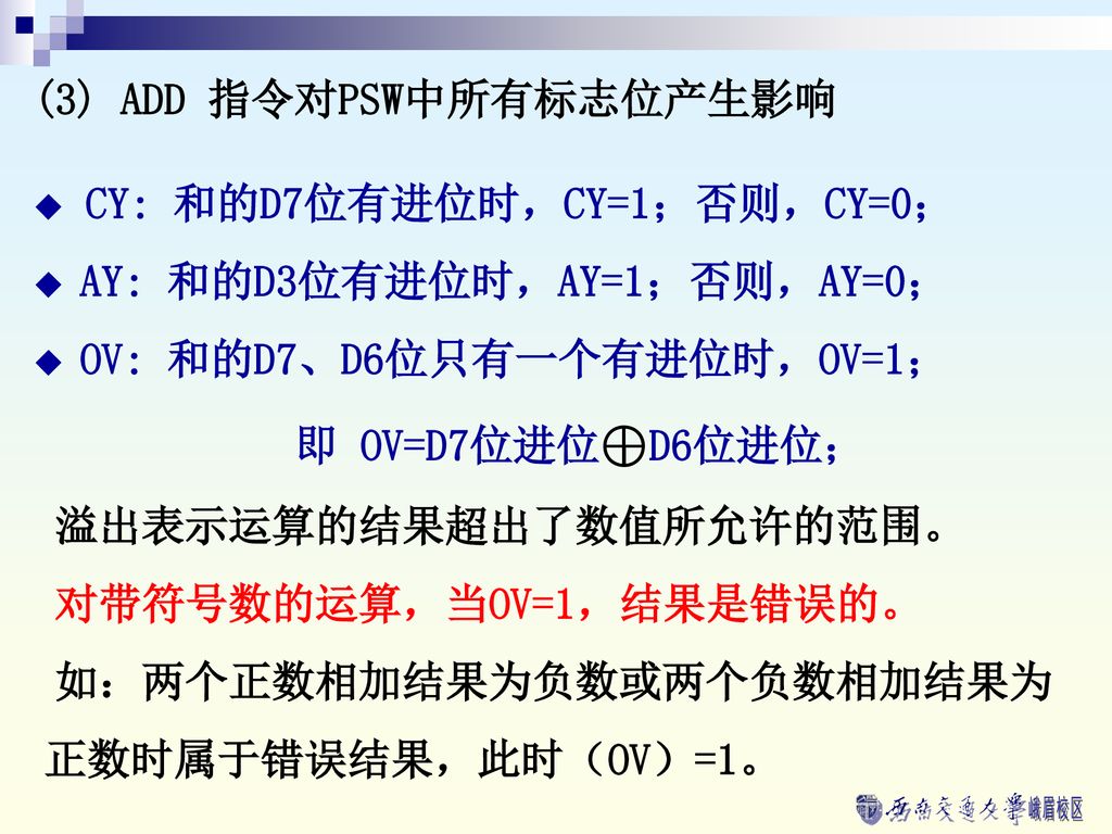 (3) ADD 指令对PSW中所有标志位产生影响