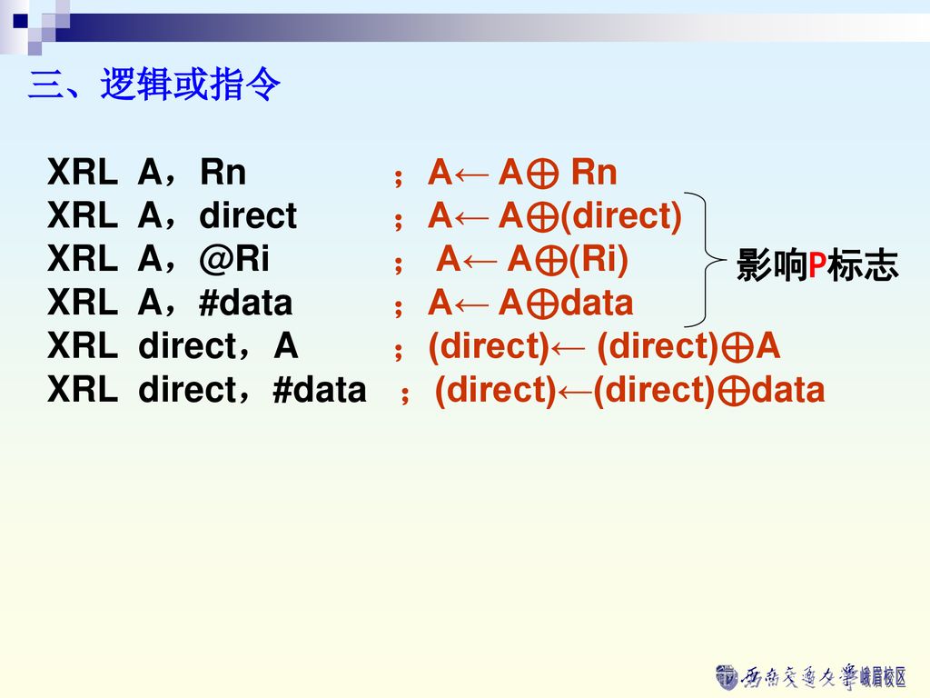 三、逻辑或指令 XRL A，Rn ；A← A⊕ Rn. XRL A，direct ；A← A⊕(direct) XRL ； A← A⊕(Ri) XRL A，#data ；A← A⊕data.