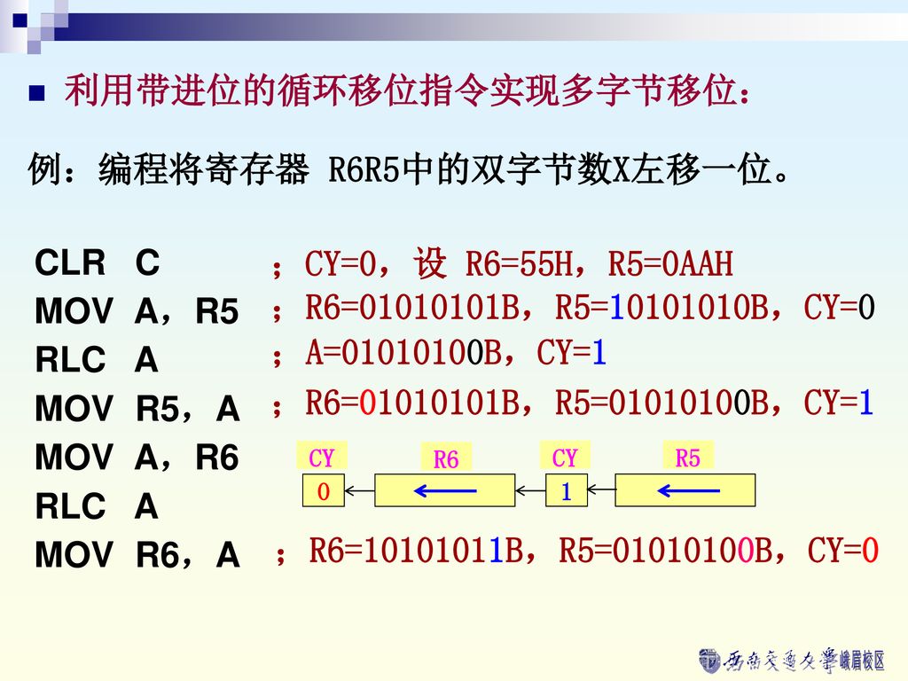 利用带进位的循环移位指令实现多字节移位：