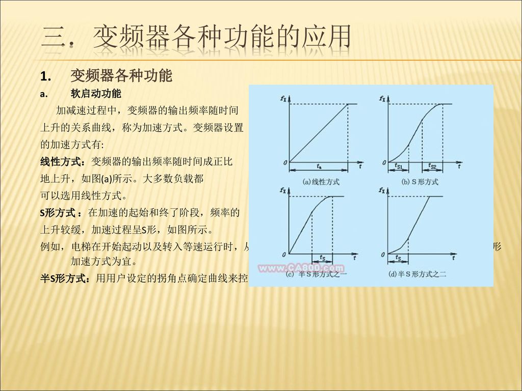 变频器各种功能的应用 变频器各种功能 软启动功能 加减速过程中，变频器的输出频率随时间 上升的关系曲线，称为加速方式。变频器设置