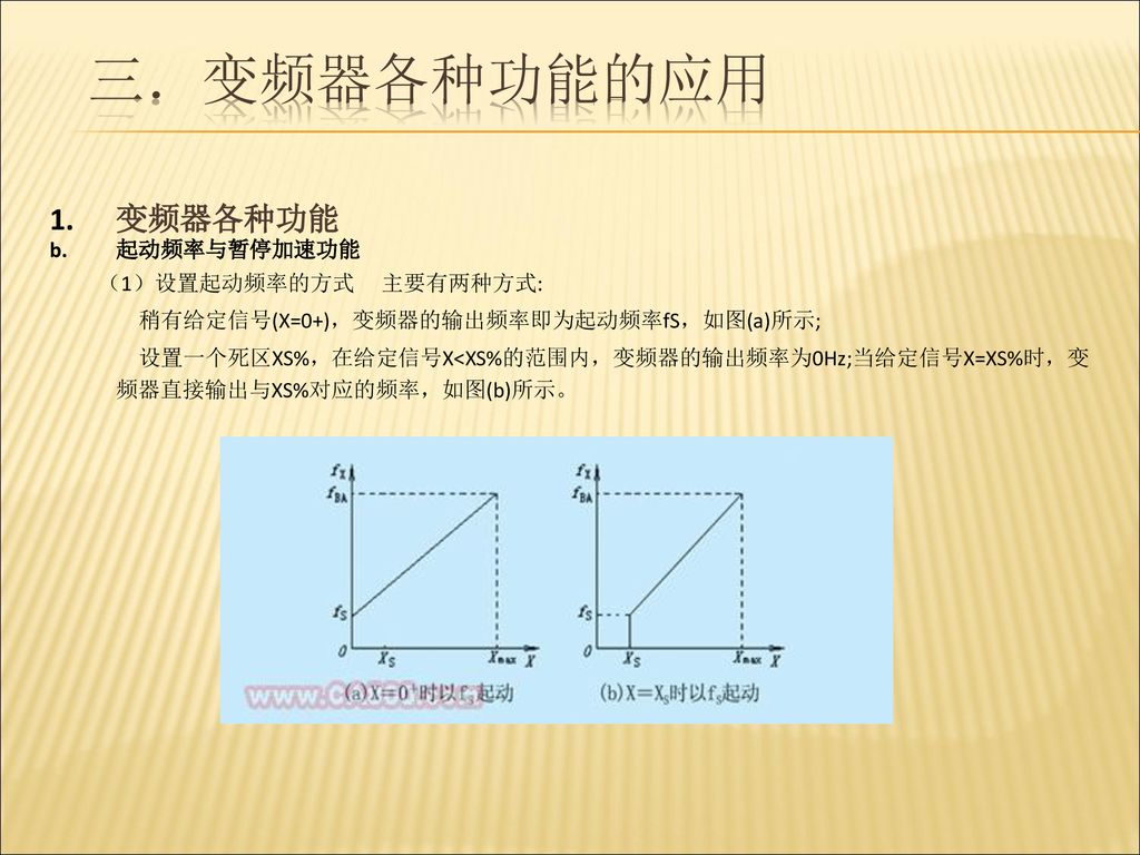 变频器各种功能的应用 变频器各种功能 起动频率与暂停加速功能 （1）设置起动频率的方式 主要有两种方式: