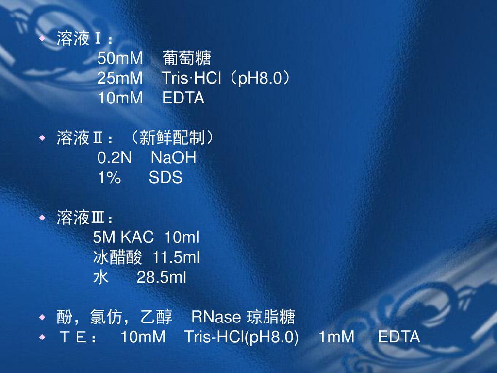 溶液Ⅰ： 50mM 葡萄糖. 25mM Tris·HCl（pH8.0） 10mM EDTA. 溶液Ⅱ：（新鲜配制） 0.2N NaOH. 1% SDS. 溶液Ⅲ：