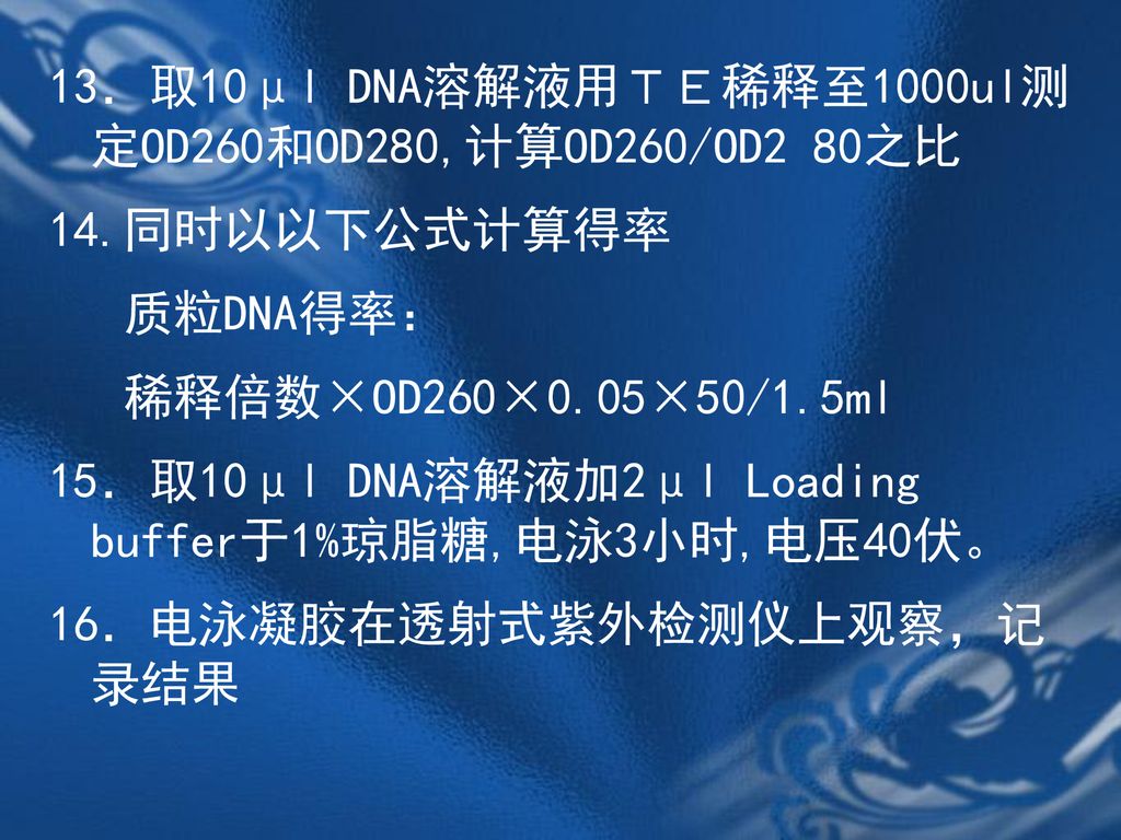 13．取10μl DNA溶解液用ＴＥ稀释至1000ul测定OD260和OD280,计算OD260/OD2 80之比