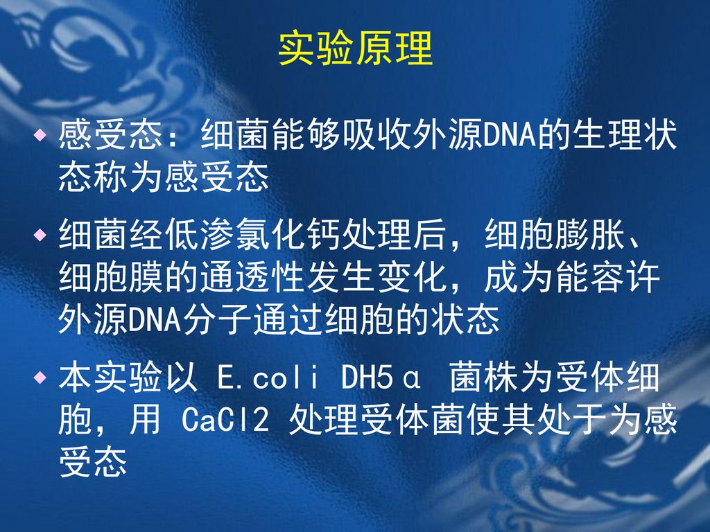 实验原理 感受态：细菌能够吸收外源DNA的生理状态称为感受态