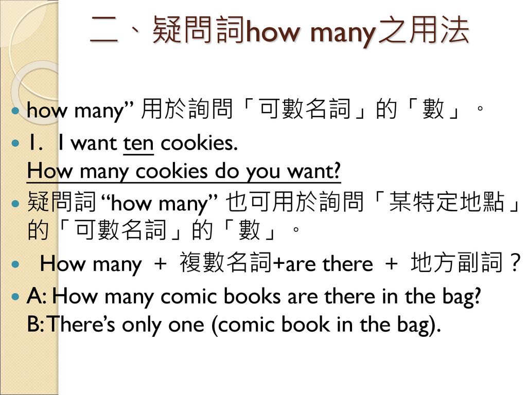 二、疑問詞how many之用法 how many 用於詢問「可數名詞」的「數」。