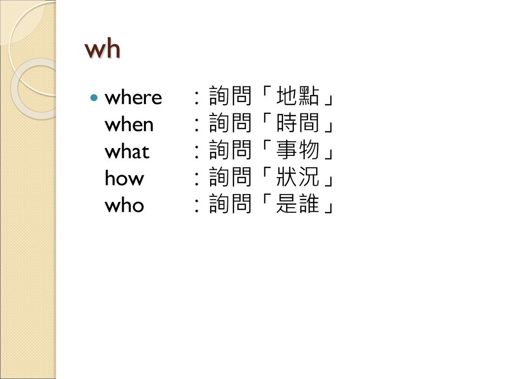 wh where ：詢問「地點」 when ：詢問「時間」 what ：詢問「事物」 how ：詢問「狀況」 who ：詢問「是誰」