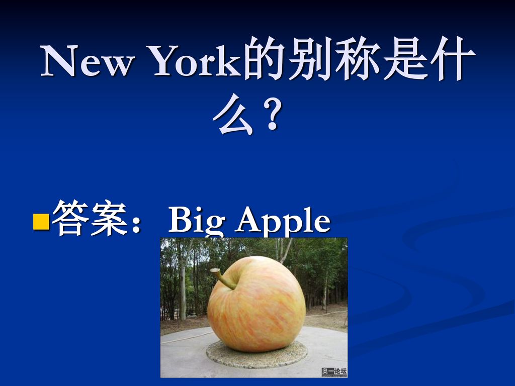 New York的别称是什么？ 答案：Big Apple