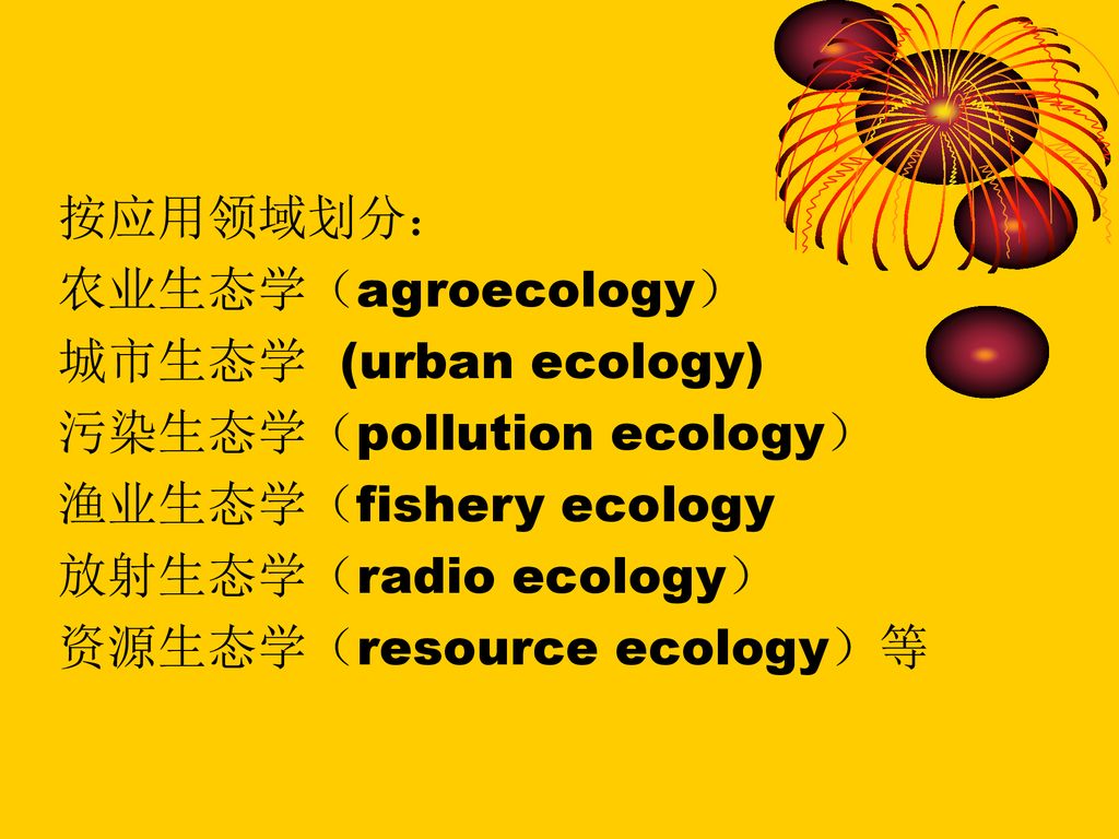 按应用领域划分： 农业生态学（agroecology） 城市生态学 (urban ecology) 污染生态学（pollution ecology） 渔业生态学（fishery ecology.