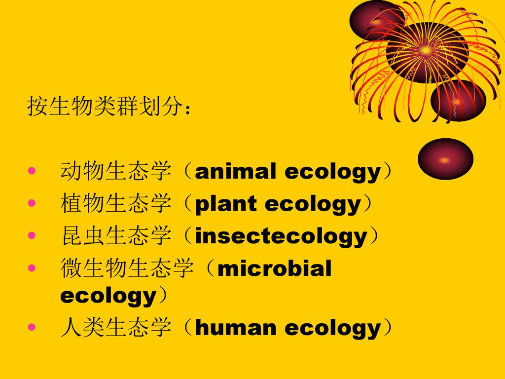 按生物类群划分： 动物生态学（animal ecology） 植物生态学（plant ecology） 昆虫生态学（insectecology） 微生物生态学（microbial ecology）