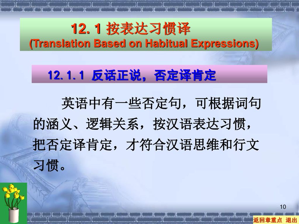 12. 1 按表达习惯译 (Translation Based on Habitual Expressions) 反话正说，否定译肯定.