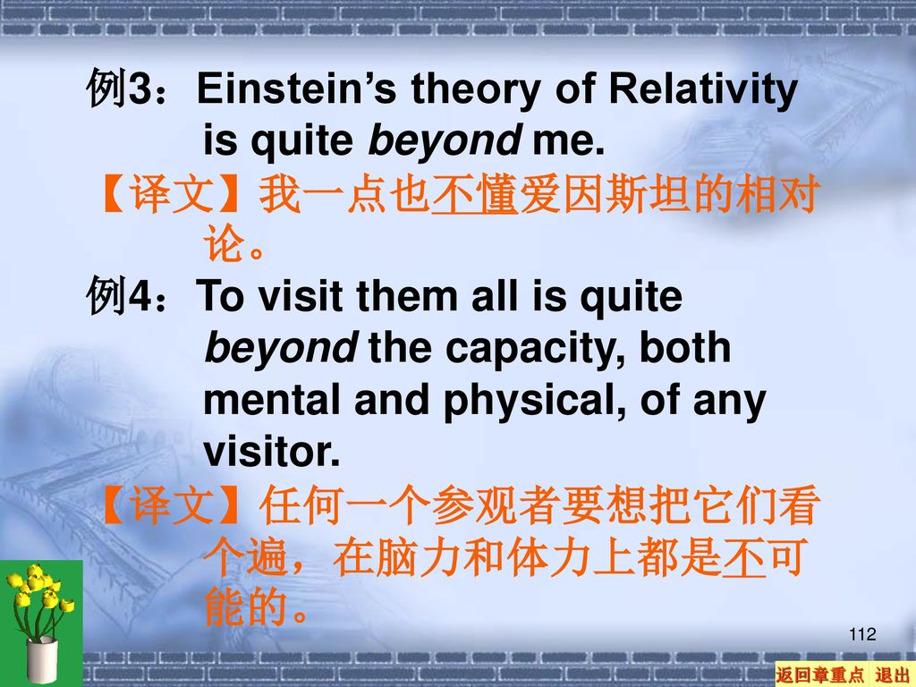 例3：Einstein’s theory of Relativity is quite beyond me.