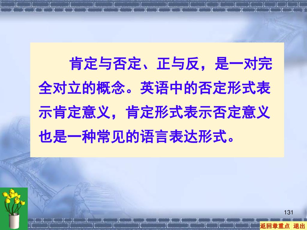 肯定与否定、正与反，是一对完全对立的概念。英语中的否定形式表示肯定意义，肯定形式表示否定意义也是一种常见的语言表达形式。