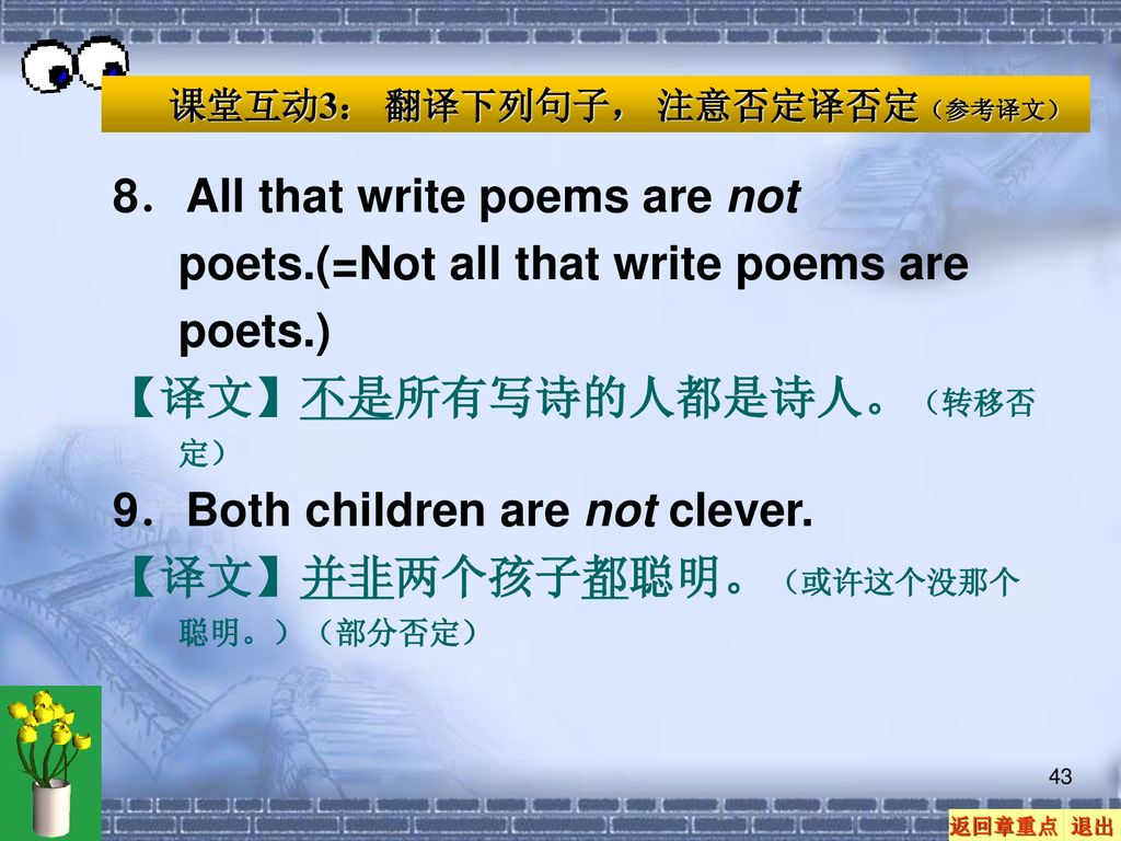 【译文】不是所有写诗的人都是诗人。（转移否定） 9．Both children are not clever.