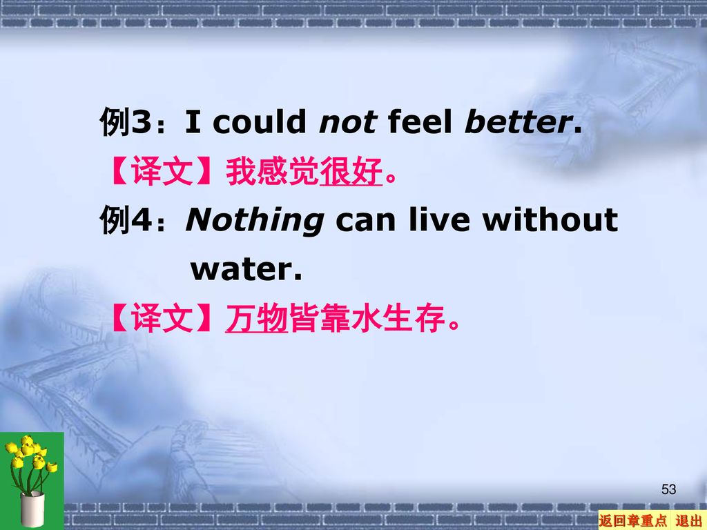 例3：I could not feel better.