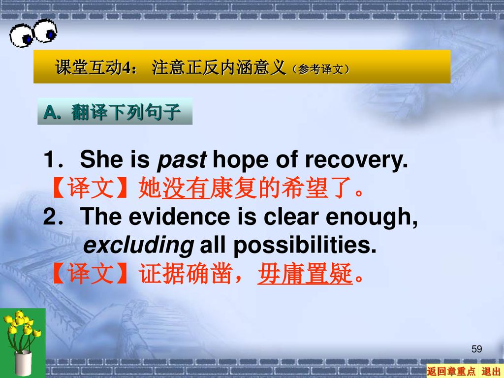 1．She is past hope of recovery. 【译文】她没有康复的希望了。