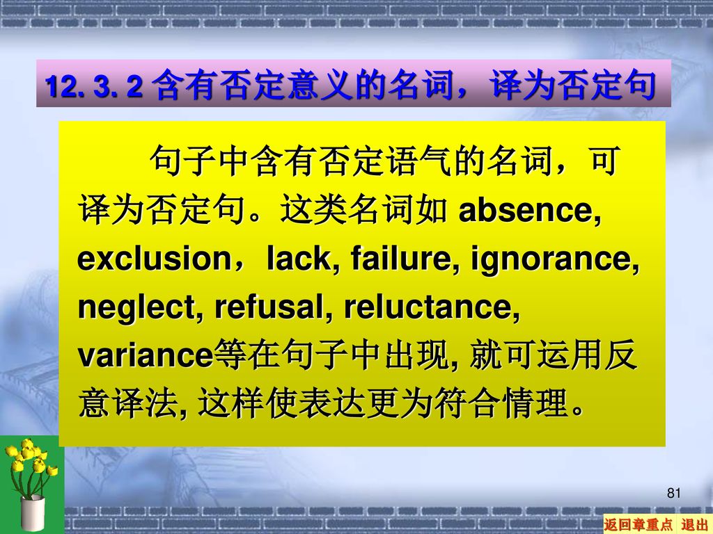 含有否定意义的名词，译为否定句