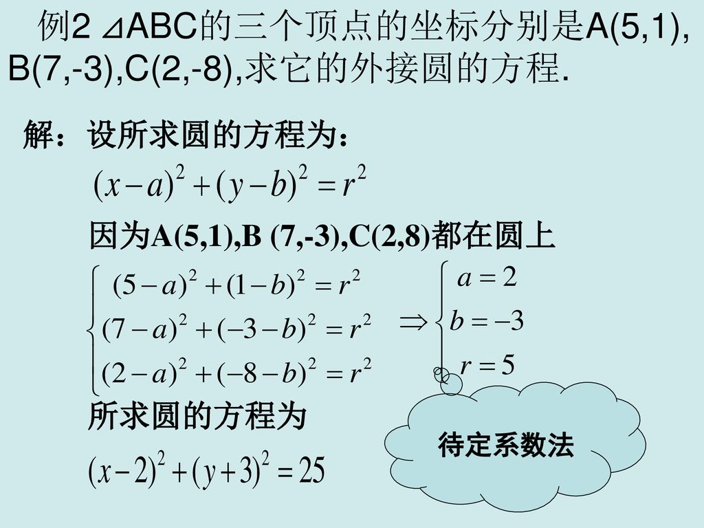 例2 ⊿ABC的三个顶点的坐标分别是A(5,1), B(7,-3),C(2,-8),求它的外接圆的方程. 解：设所求圆的方程为：