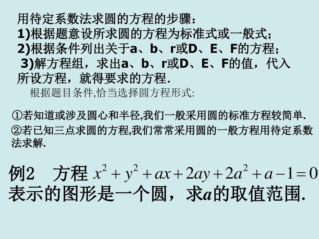 例2 方程 表示的图形是一个圆，求a的取值范围. 用待定系数法求圆的方程的步骤： 1)根据题意设所求圆的方程为标准式或一般式；