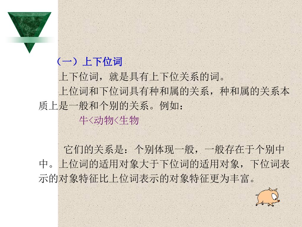 （一）上下位词 上下位词，就是具有上下位关系的词。 上位词和下位词具有种和属的关系，种和属的关系本 质上是一般和个别的关系。例如：