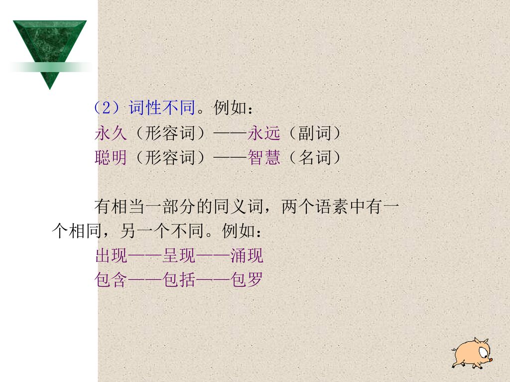 （2）词性不同。例如： 永久（形容词）——永远（副词） 聪明（形容词）——智慧（名词） 有相当一部分的同义词，两个语素中有一