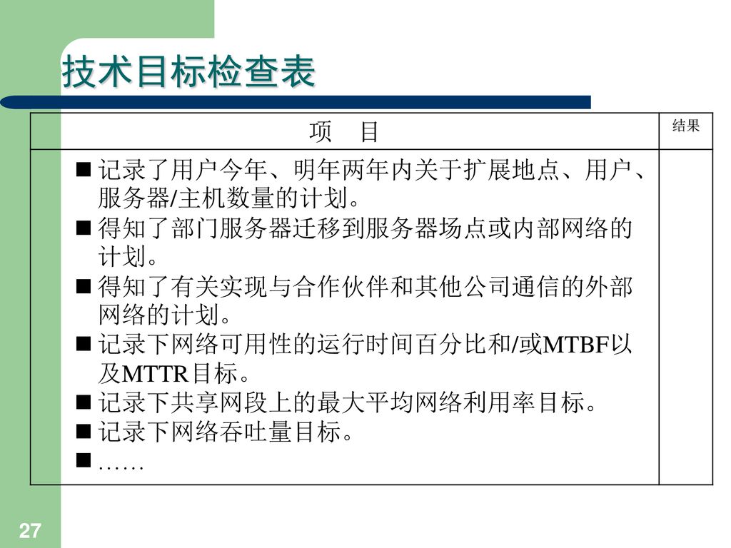 技术目标检查表 项 目 记录了用户今年、明年两年内关于扩展地点、用户、服务器/主机数量的计划。