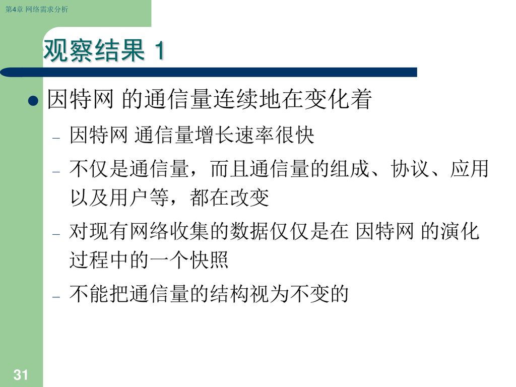 观察结果 1 因特网 的通信量连续地在变化着 因特网 通信量增长速率很快 不仅是通信量，而且通信量的组成、协议、应用以及用户等，都在改变