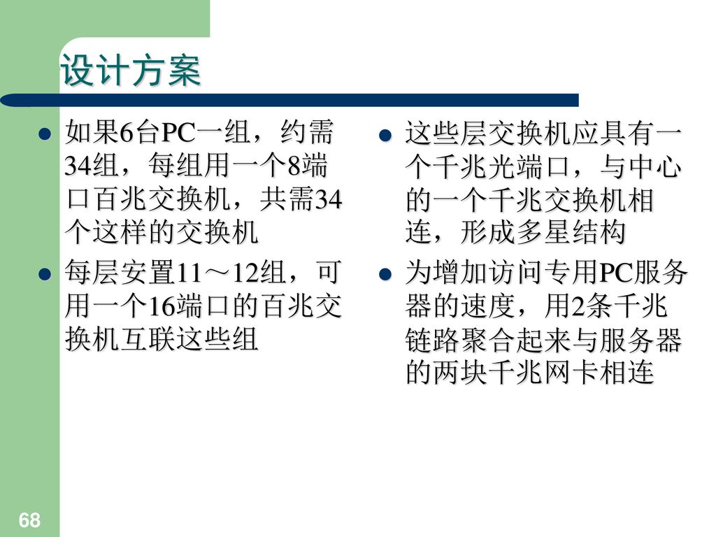 设计方案 如果6台PC一组，约需34组，每组用一个8端口百兆交换机，共需34个这样的交换机