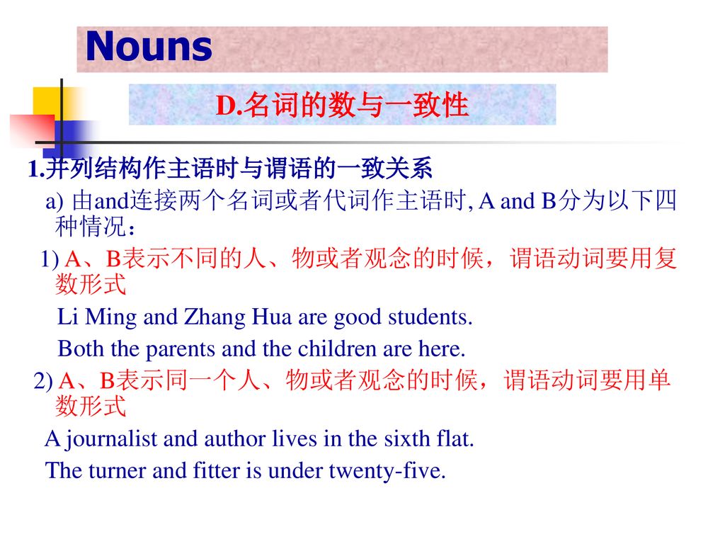 Nouns D.名词的数与一致性 1.并列结构作主语时与谓语的一致关系