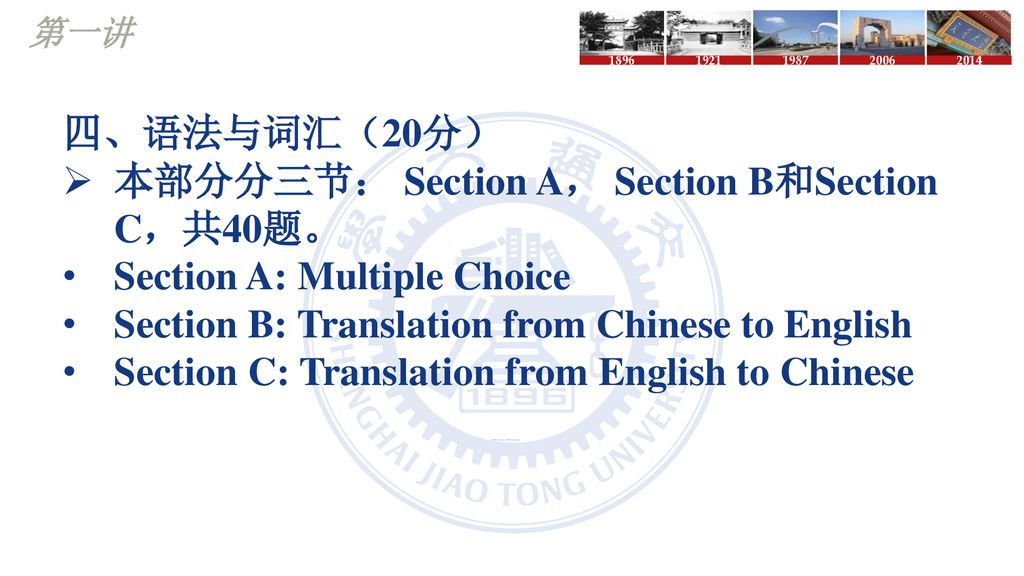 本部分分三节： Section A， Section B和Section C，共40题。