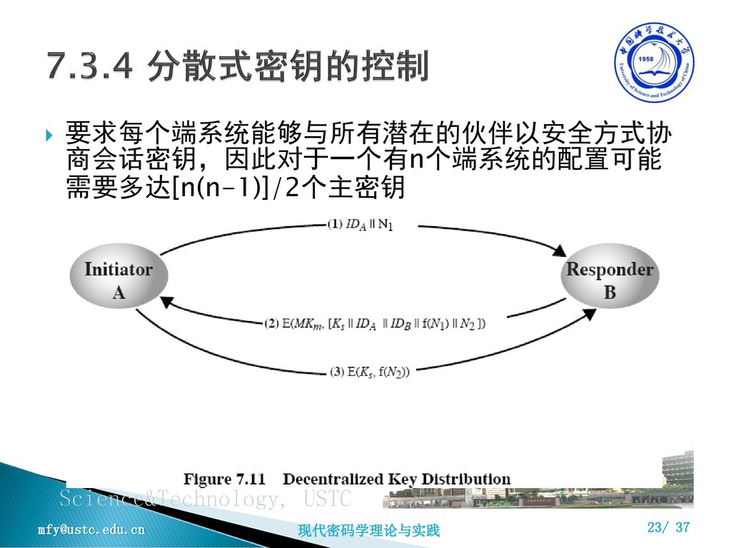 7.3.4 分散式密钥的控制 要求每个端系统能够与所有潜在的伙伴以安全方式协 商会话密钥，因此对于一个有n个端系统的配置可能 需要多达[n(n-1)]/2个主密钥