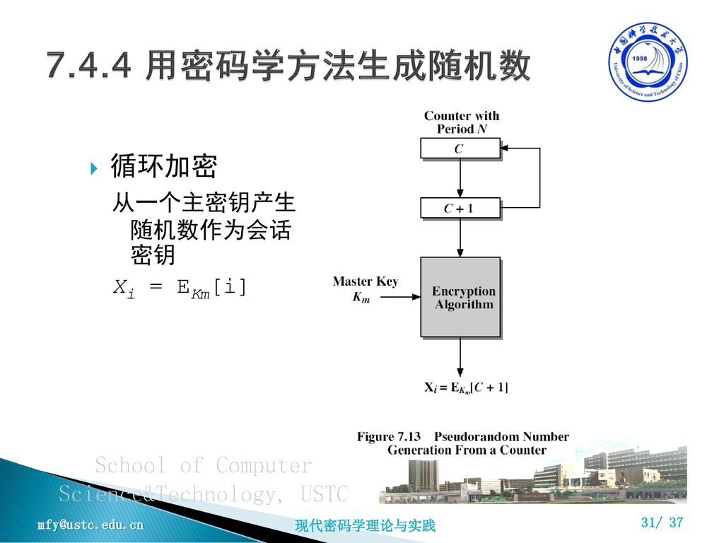 7.4.4 用密码学方法生成随机数 循环加密 从一个主密钥产生 随机数作为会话 密钥 Xi = EKm[i]