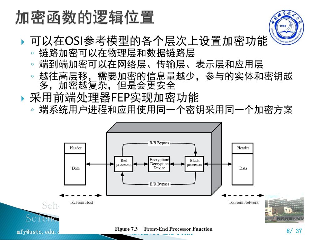 加密函数的逻辑位置 可以在OSI参考模型的各个层次上设置加密功能 采用前端处理器FEP实现加密功能 链路加密可以在物理层和数据链路层