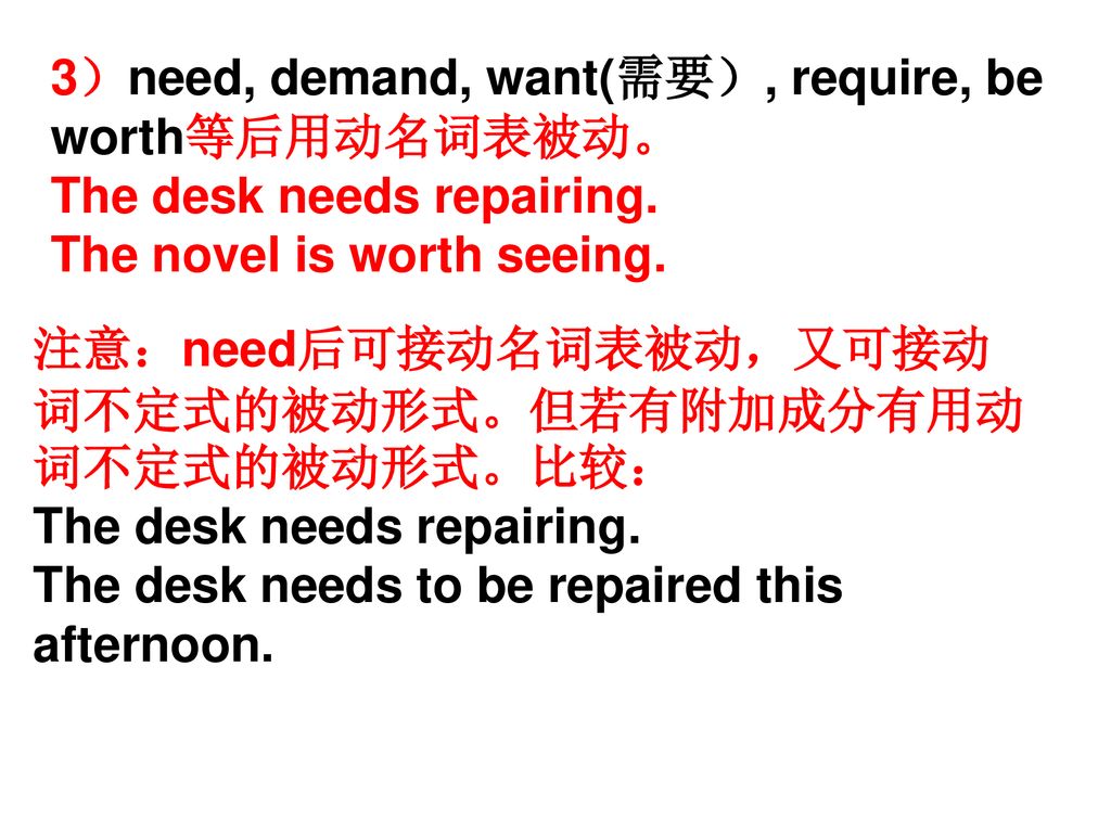 3）need, demand, want(需要）, require, be worth等后用动名词表被动。