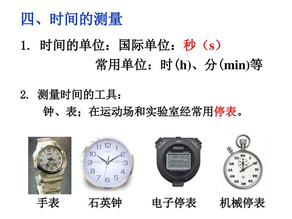 四、时间的测量 1. 时间的单位：国际单位：秒（s） 常用单位：时(h)、分(min)等 2. 测量时间的工具：