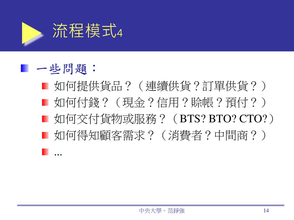 流程模式4 一些問題： 如何提供貨品？（連續供貨？訂單供貨？） 如何付錢？（現金？信用？賒帳？預付？）