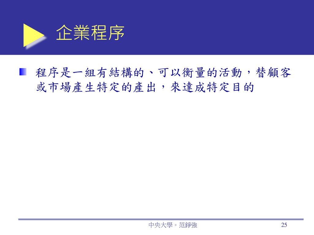 企業程序 程序是一組有結構的、可以衡量的活動，替顧客或市場產生特定的產出，來達成特定目的 中央大學。范錚強