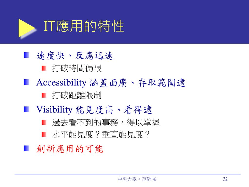 IT應用的特性 速度快、反應迅速 Accessibility 涵蓋面廣、存取範圍遠 Visibility 能見度高、看得遠 創新應用的可能