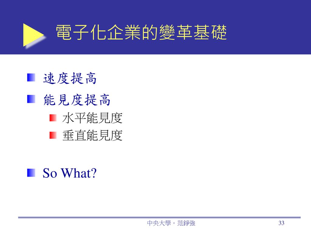 電子化企業的變革基礎 速度提高 能見度提高 水平能見度 垂直能見度 So What 中央大學。范錚強