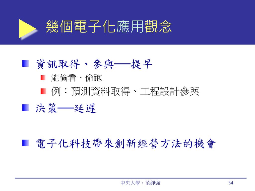 幾個電子化應用觀念 資訊取得、參與──提早 決策──延遲 電子化科技帶來創新經營方法的機會 例：預測資料取得、工程設計參與 能偷看、偷跑