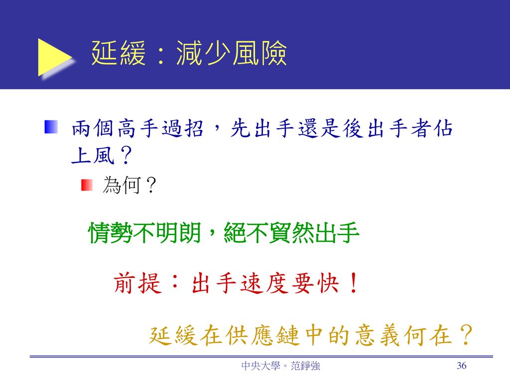 延緩：減少風險 前提：出手速度要快！ 延緩在供應鏈中的意義何在？ 兩個高手過招，先出手還是後出手者佔上風？ 情勢不明朗，絕不貿然出手 為何？