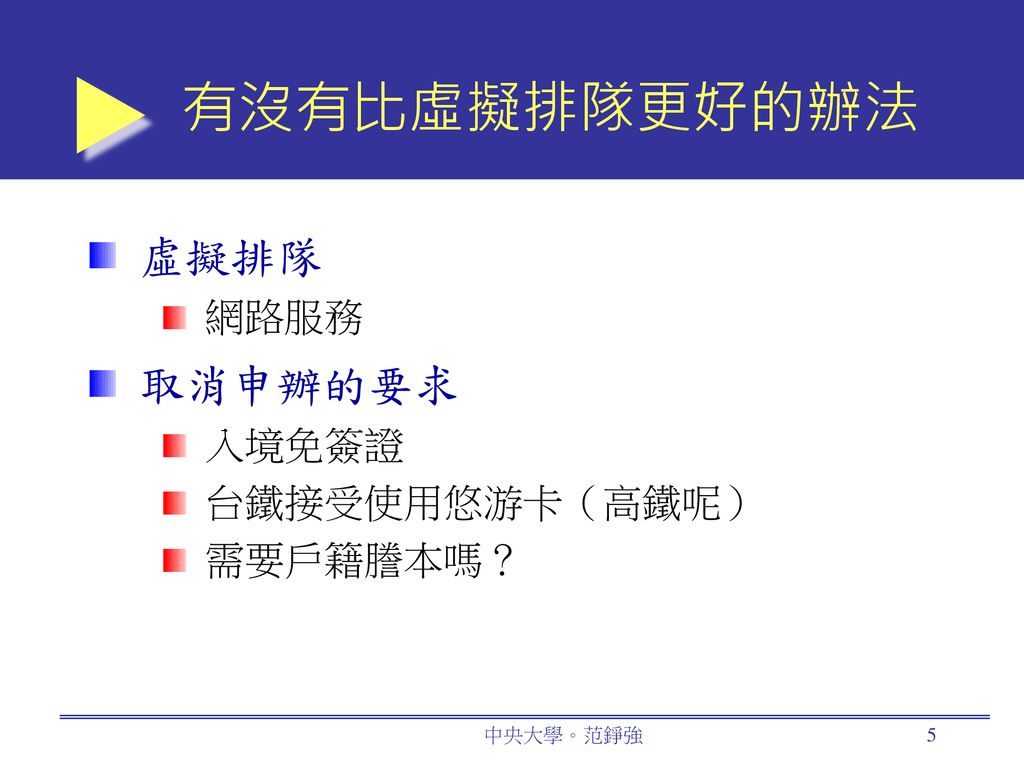 有沒有比虛擬排隊更好的辦法 虛擬排隊 網路服務 取消申辦的要求 入境免簽證 台鐵接受使用悠游卡（高鐵呢） 需要戶籍謄本嗎？ 中央大學。范錚強