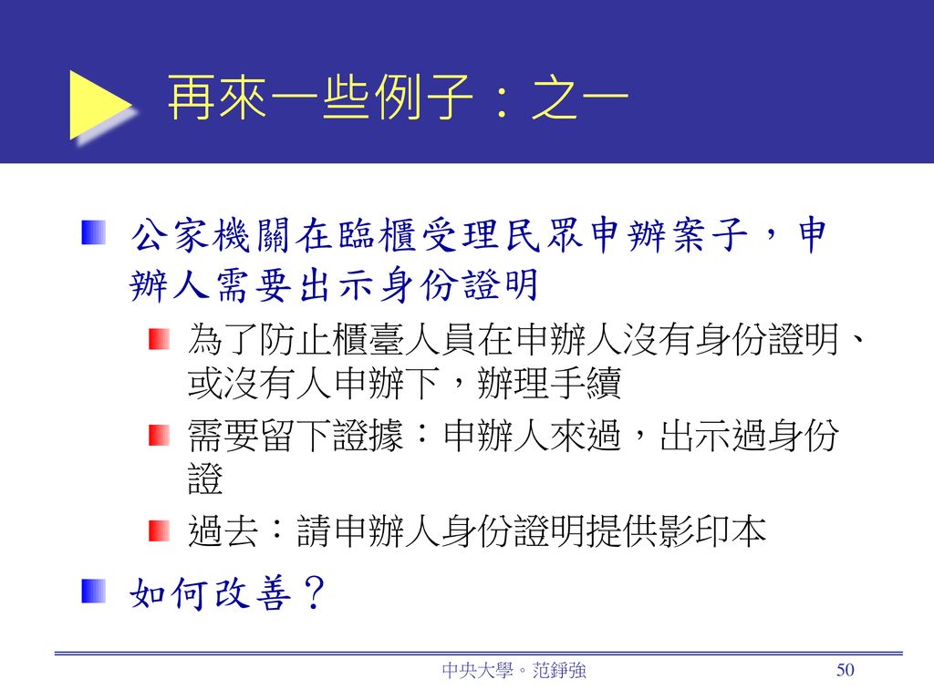 再來一些例子：之一 公家機關在臨櫃受理民眾申辦案子，申辦人需要出示身份證明 如何改善？