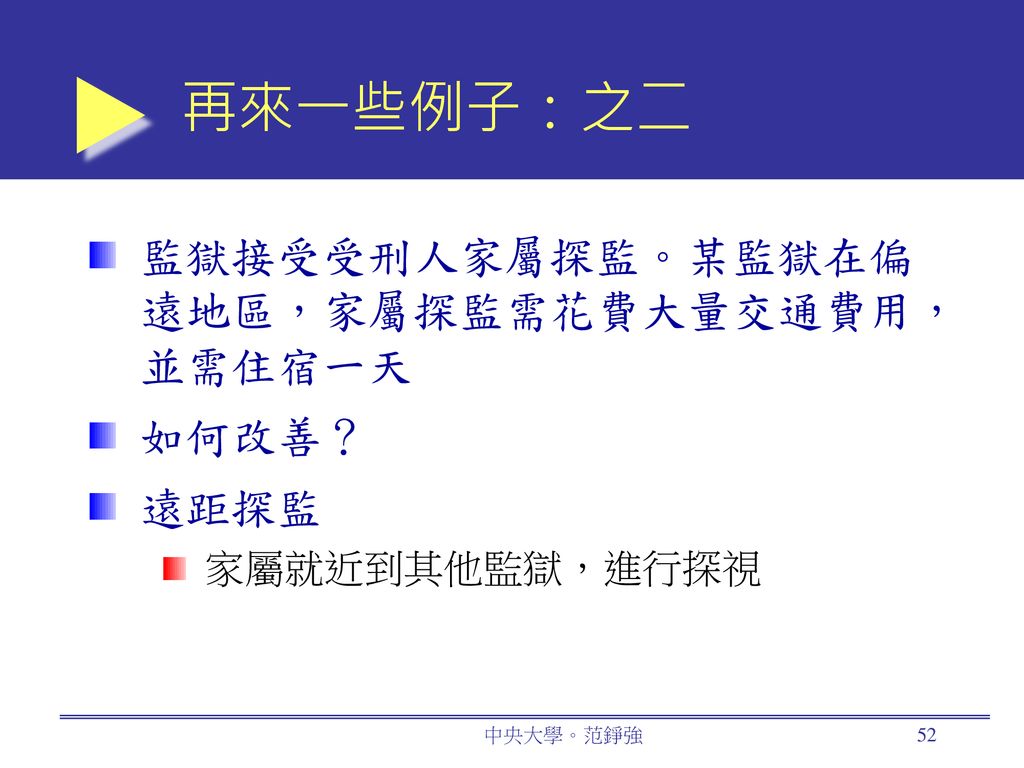 再來一些例子：之二 監獄接受受刑人家屬探監。某監獄在偏遠地區，家屬探監需花費大量交通費用，並需住宿一天 如何改善？ 遠距探監