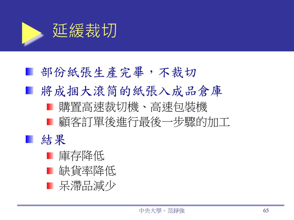 延緩裁切 部份紙張生產完畢，不裁切 將成捆大滾筒的紙張入成品倉庫 結果 購置高速裁切機、高速包裝機 顧客訂單後進行最後一步驟的加工 庫存降低