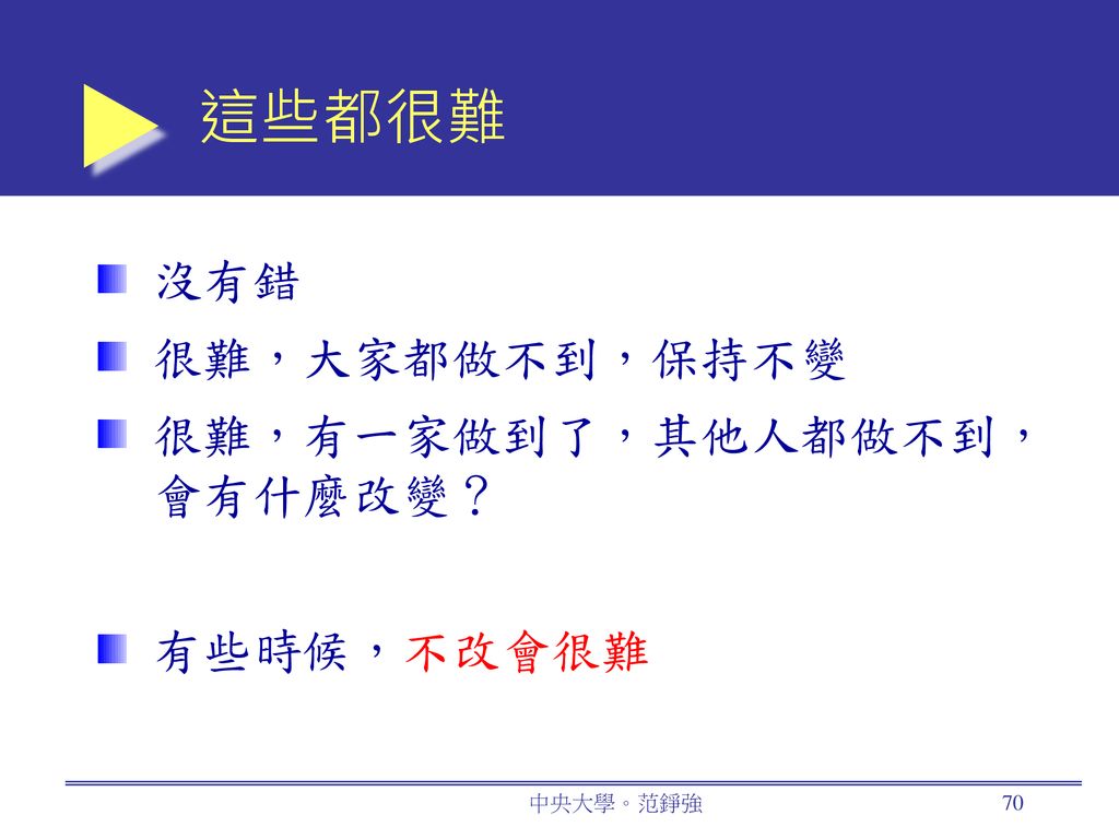 這些都很難 沒有錯 很難，大家都做不到，保持不變 很難，有一家做到了，其他人都做不到，會有什麼改變？ 有些時候，不改會很難 中央大學。范錚強