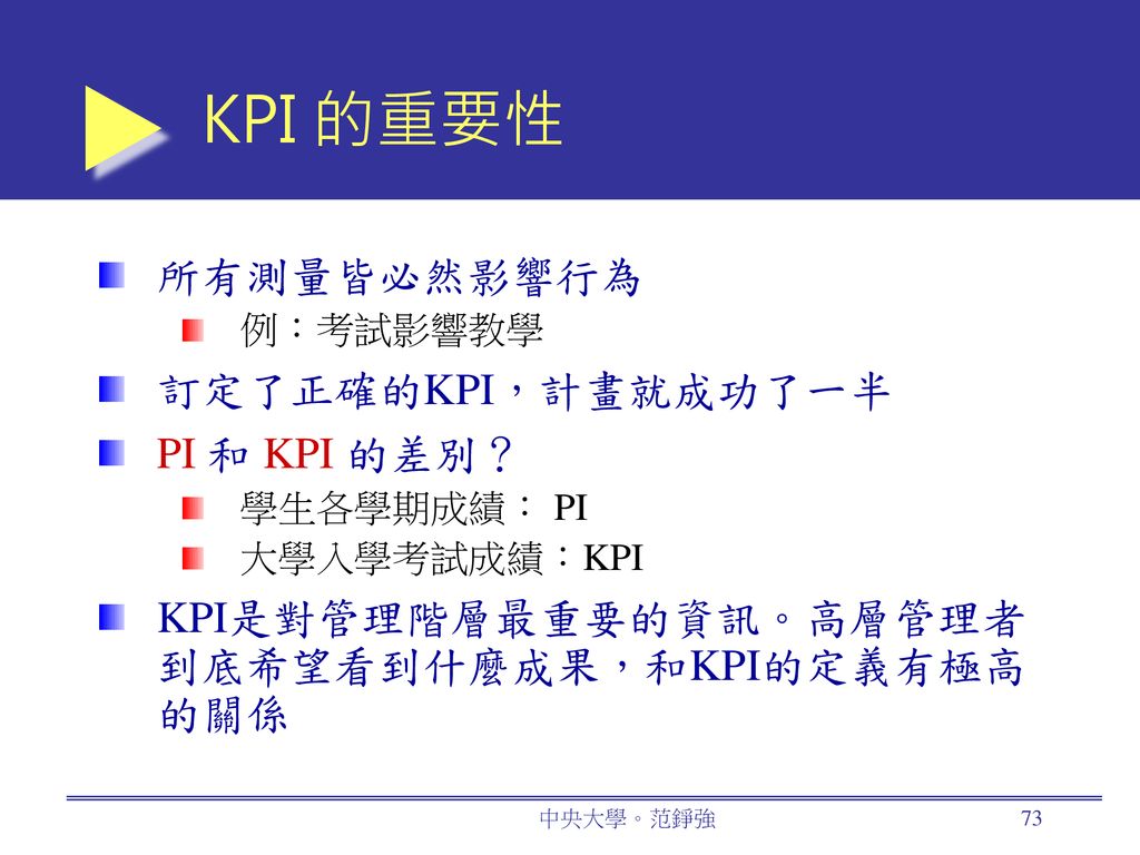 KPI 的重要性 所有測量皆必然影響行為 訂定了正確的KPI，計畫就成功了一半 PI 和 KPI 的差別？