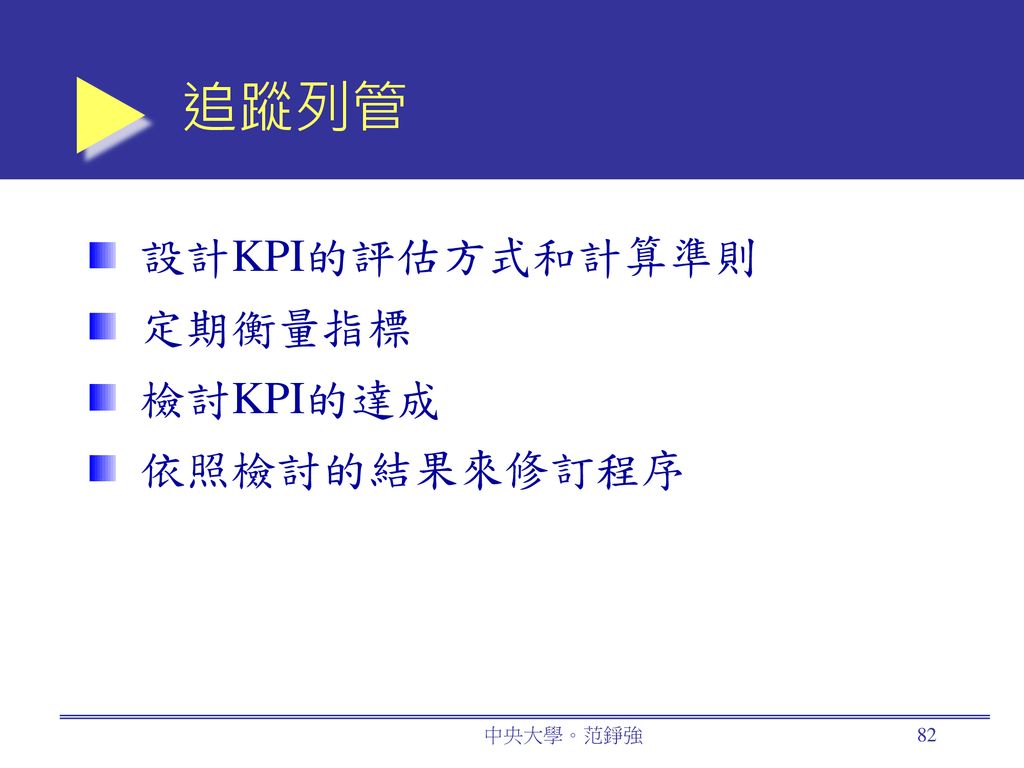 追蹤列管 設計KPI的評估方式和計算準則 定期衡量指標 檢討KPI的達成 依照檢討的結果來修訂程序 中央大學。范錚強