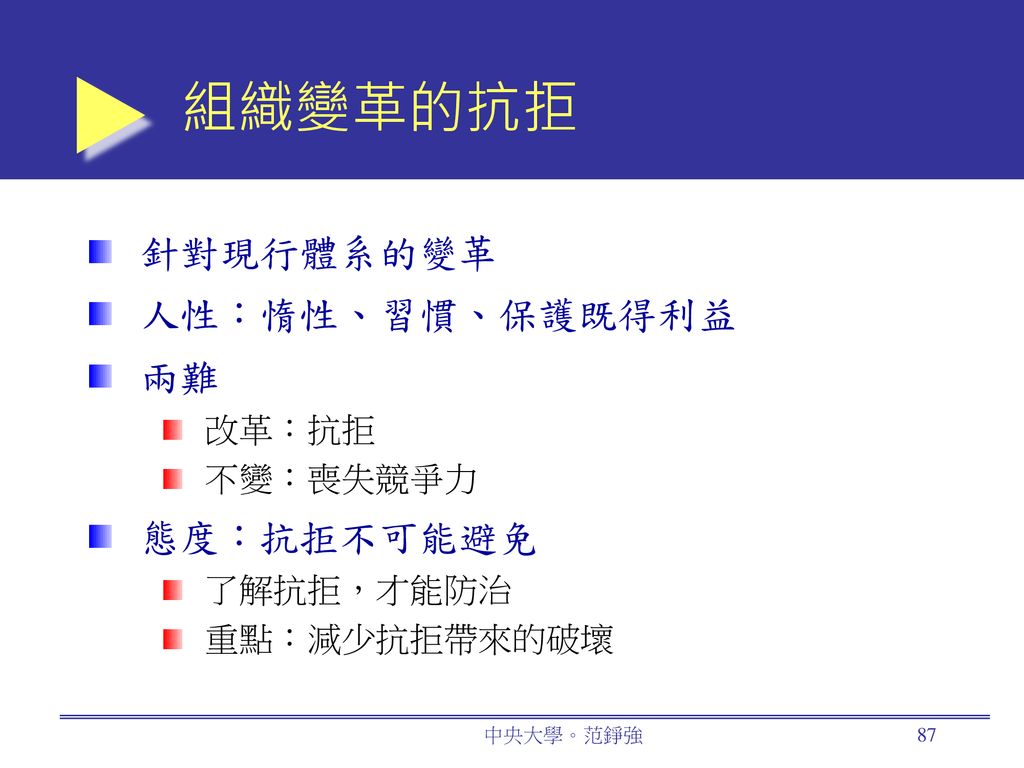 組織變革的抗拒 針對現行體系的變革 人性：惰性、習慣、保護既得利益 兩難 態度：抗拒不可能避免 改革：抗拒 不變：喪失競爭力