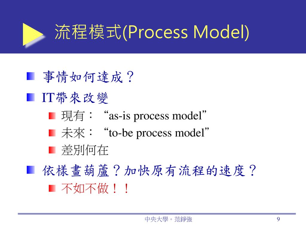 流程模式(Process Model) 事情如何達成？ IT帶來改變 依樣畫葫蘆？加快原有流程的速度？