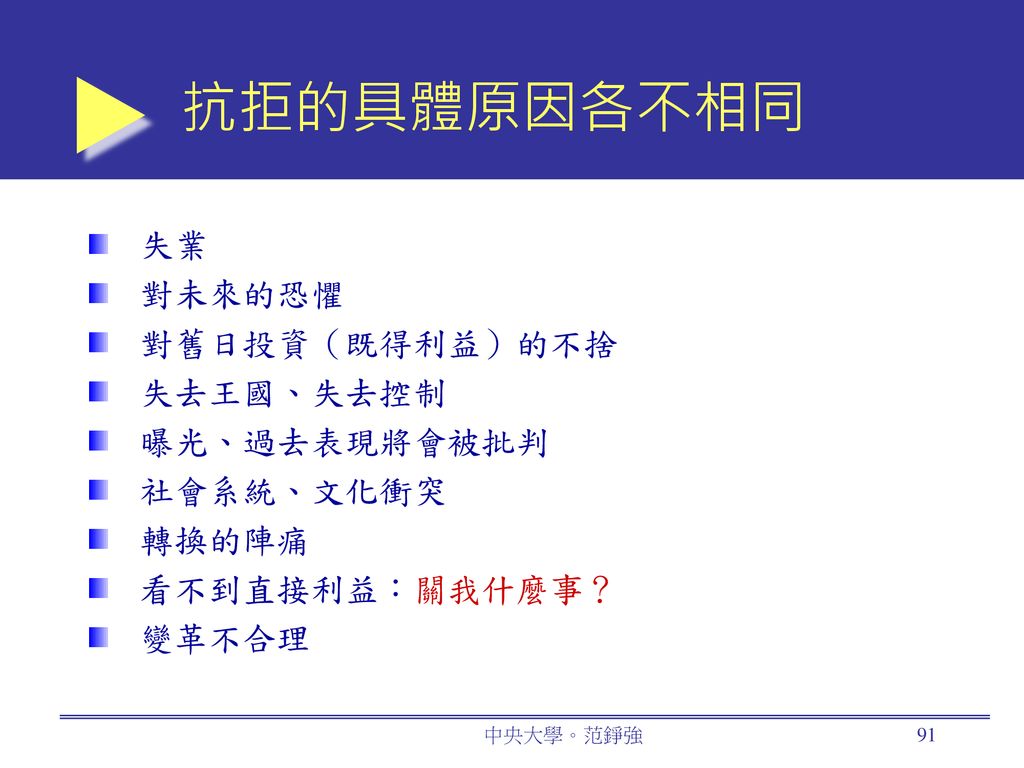 抗拒的具體原因各不相同 失業 對未來的恐懼 對舊日投資（既得利益）的不捨 失去王國、失去控制 曝光、過去表現將會被批判 社會系統、文化衝突